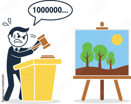Cartoon illustration of a zebra artist painting a landscape with trees and a bright yellow sun on canvas