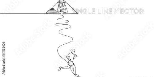 Man running on a continuous line towards an ancient pyramid structure in a minimalist line art style