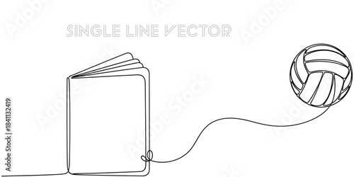 Continuous line drawing of an open book connected to a volleyball on a plain white background