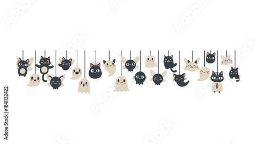 Hanging Halloween Cutouts: A festive array of charmingly cartoonish Halloween cutouts, including black cat, ghost, and bat, elegantly suspended.