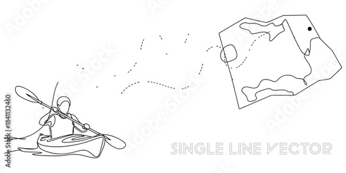 Person kayaking on water following a dotted path on an abstract map, representing adventure and navigation