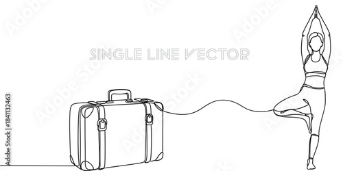Woman in yoga tree pose connected to a vintage suitcase by a continuous line drawing on a white background