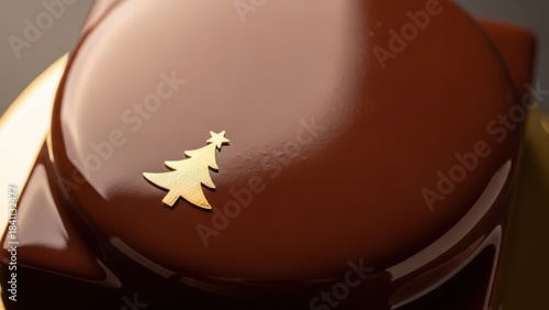 Luxurious chocolate mirror glaze Christmas cake with minimalist golden tree and star accent, rich reflective surface creating a sleek modern holiday dessert perfect for elegant winter celebrations


