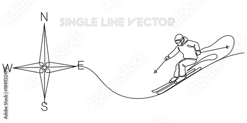 Skier descending a snowy slope in continuous line art, connected to a compass rose