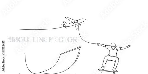 Skater on a ramp connected to an airplane by a single continuous line drawing
