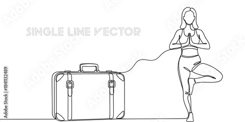 Continuous line drawing of a woman in a yoga tree pose connected to a vintage travel suitcase