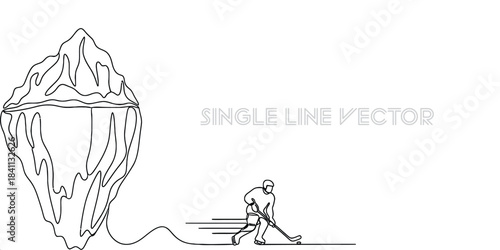 Minimalist continuous line drawing depicting an iceberg and an ice hockey player on ice