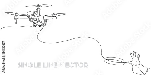 Drone flying, connected by a continuous line to a hand about to catch a frisbee