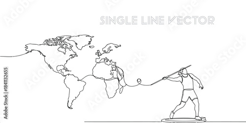 Athlete throwing javelin, a continuous line drawing forming a world map in the background