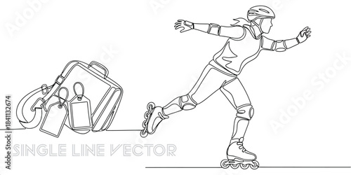 Person rollerblading and pulling a suitcase with luggage tags in a continuous line art drawing style