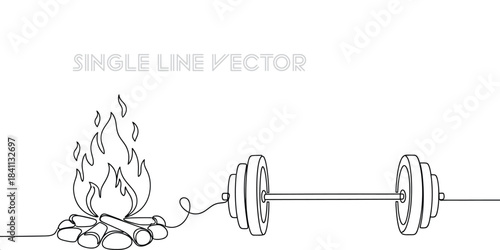 Single line drawing of a campfire with flames and logs connected to a barbell