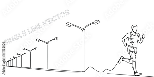 Male athlete running past a line of streetlights in a simple continuous stroke illustration on white