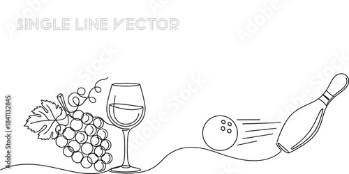 Continuous line drawing of grapes, a wine glass, a bowling ball, and a bowling pin