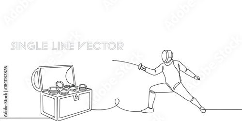 Fencer in a lunge connected by a continuous line to an open treasure chest filled with coins