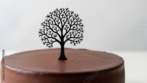 Elegant chocolate cake with smooth ganache topping and intricate black tree silhouette topper, minimalist yet striking nature inspired dessert perfect for winter gatherings and sophisticated celebrate