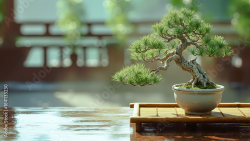 日本の伝統的な風景を背景に竹の台座に置かれた美しい松の盆栽