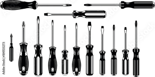 Large set of black and white screwdriver silhouettes in various sizes and tip types (Phillips and flathead), detailed vector illustration for tools, construction, and repair work.
