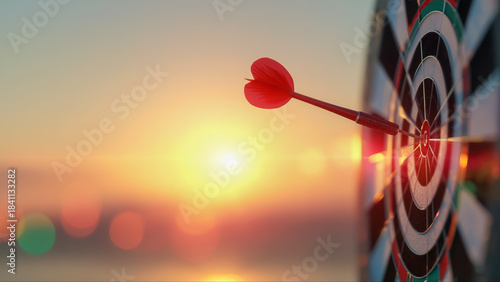 夕暮れ時のボケた背景とダーツボードの中心に命中した赤い矢