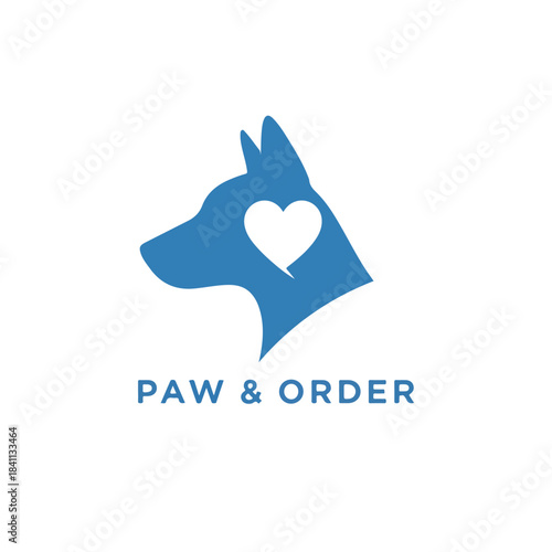 Blue dog logo with heart and text "Paw & Order" on white background, animal and pet concept.
