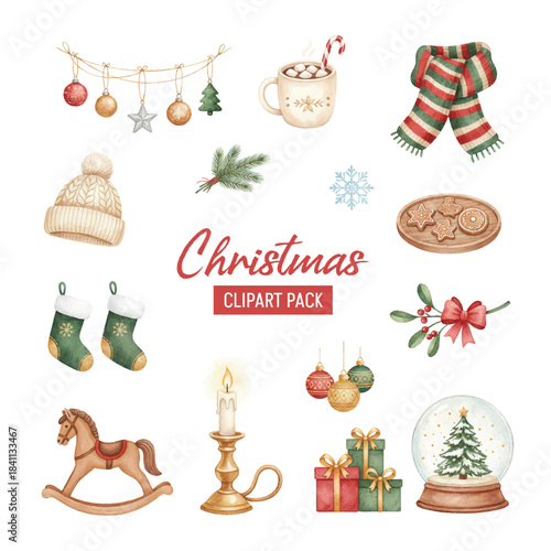 Watercolor Christmas clipart set with gifts, ornaments, stockings, candle, snow globe, and festive holiday elements.