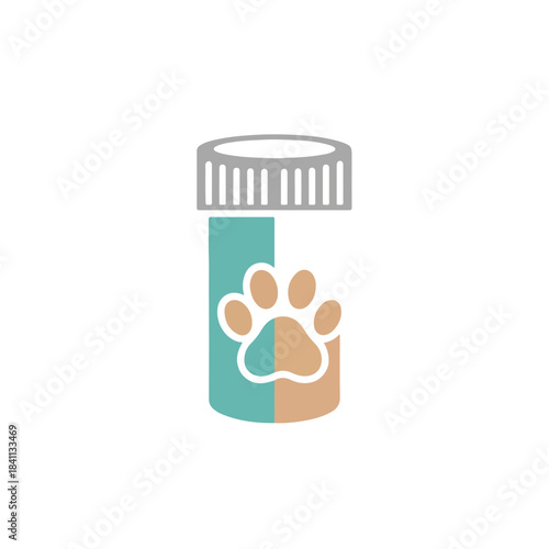 Pet medicine bottle with paw print logo, veterinary pharmaceutical packaging, animal healthcare concept