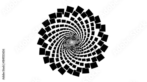 A black and white abstract spiral pattern composed of numerous squares creating an optical illusion of a vortex or tunnel.