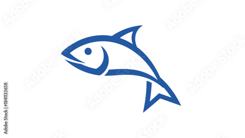A stylized blue outline of a fish leaping out of the water against a white background.