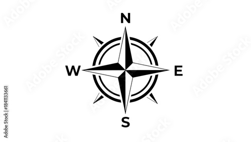 Navigational Compass: A classic black and white compass, pointing towards the four cardinal directions, guiding the way, perfect for representing direction, orientation, travel and exploration.