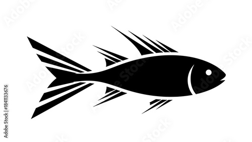 A stylized black silhouette of a fish with sharp fins and a striped tail.