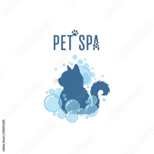 Pet spa logo with cat silhouette and bubbles, pet grooming and care services