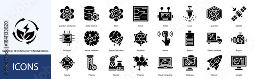 sciene technology engineering icon collection set. Containing Quantum Mechanics, Data Science, Atom, Circuit, Robot, Laser, Quantum, Satellite, Processor icon