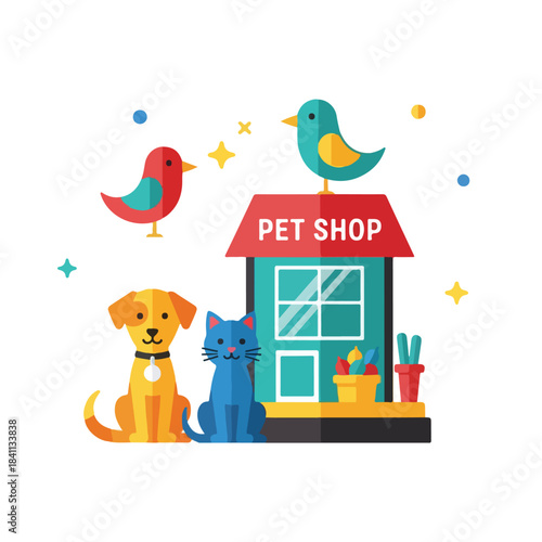 Colorful pet shop illustration with happy animals and birds outside storefront, pets and accessories for sale.