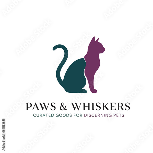Paws & Whiskers logo, pet store branding, curated goods for discerning pets, cat silhouette, pet accessories
