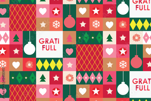Geometric Christmas seamless pattern with gifts, trees, ornaments, and reindeer in festive red, pink, and green — modern holiday design for wrapping paper, fabric, wallpaper, and seasonal decor