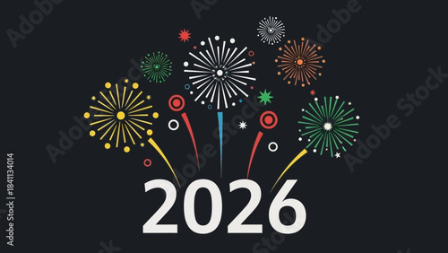 Colorful fireworks exploding in the night sky with 2026 written in large white letters on a black background with sparks and stars