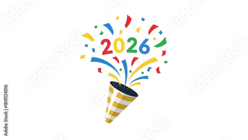 Vibrant party horn with colorful confetti and 2026 numbers on white background