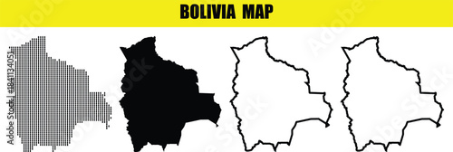Set of four Bolivia map outlines, solid, hatched, and line art styles
