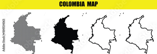 Set of four black and white Colombia map outlines and solid silhouettes
