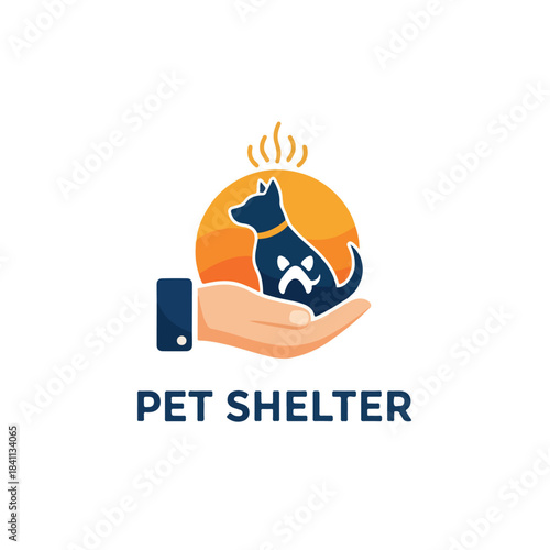 Pet Shelter Logo with Hand Holding a Sick Dog and Mobile Phone, Animal Care and Protection Symbol