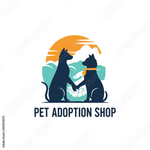 Pet Adoption Shop Logo with Dogs and Sunset Background for Animal Shelter or Rescue Organization