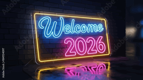 Neon welcome sign on brick wall with yellow border reflecting on floor at night with blue and pink lights