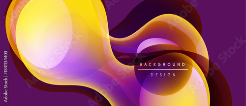Abstract fluid shapes, vibrant yellow, purple hues. Modern design, dynamic flow, smooth gradients create visual interest. Background element.