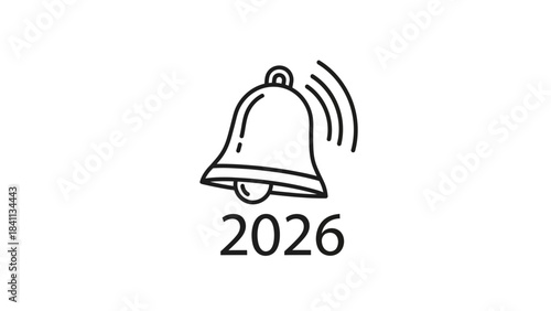 Simple black line drawing of ringing bell with sound waves and year twenty twenty six below