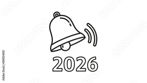 Simple line drawing of ringing bell with sound waves and year two thousand twenty six