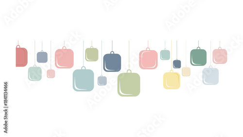 Geometric Harmony of Shapes: An artistic display showcases a collection of colorful, rounded-square shapes suspended gracefully, demonstrating a study of form and subtle color variations.