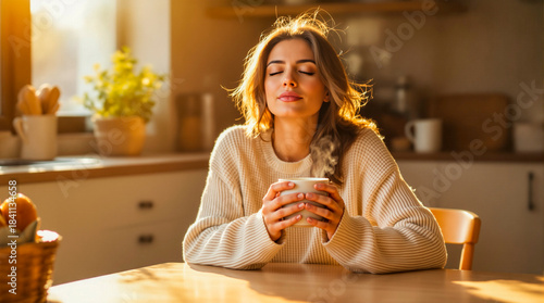 Serene woman enjoying warm drink in sunlit kitchen morning tranquility.