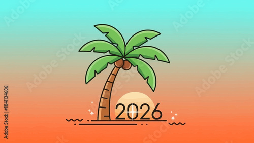 A cartoon palm tree with green leaves and brown trunk stands on orange beach with sunset and 2026 text