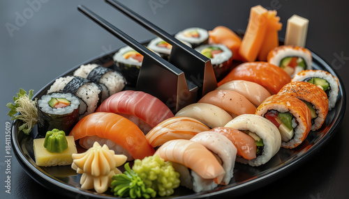 A black plate holds an assortment of sushi rolls, including salmon, tuna, and various fillings, accompanied by wasabi and pickled ginger.