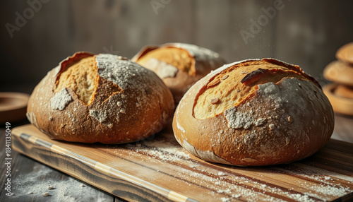 Three freshly baked loaves of bread with golden crusts and dusted with flour rest on a wooden cutting board.