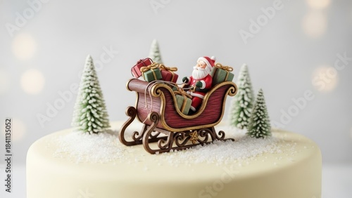 Charming Santa in vintage sleigh surrounded by snowy evergreen trees atop white Christmas cake, magical winter wonderland dessert with soft bokeh lights perfect for joyful holiday gatherings

